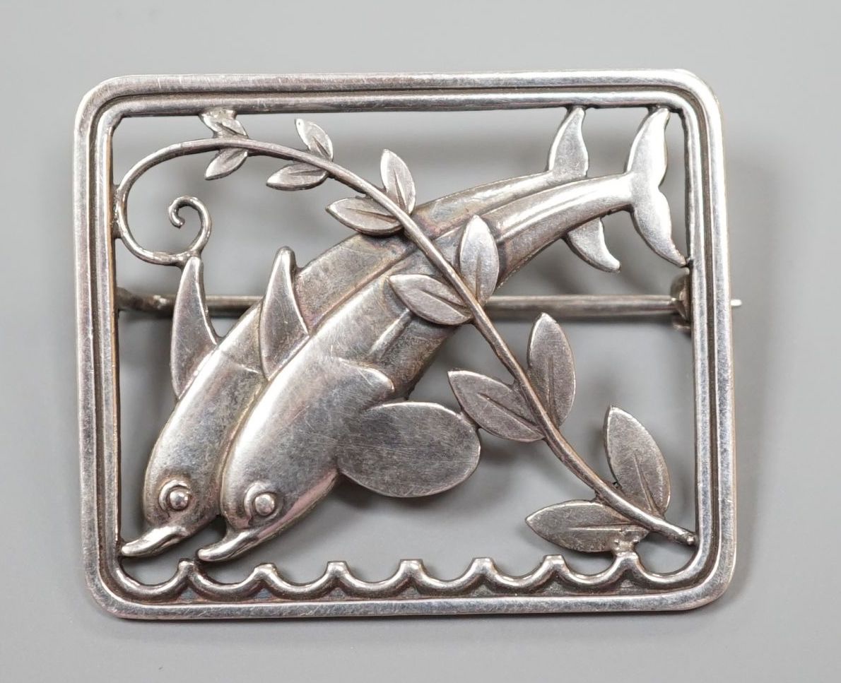 A Georg Jensen (designed by Arno Malinowski) sterling 'twin dolphin' rectangular brooch, no. 251, 36mm.